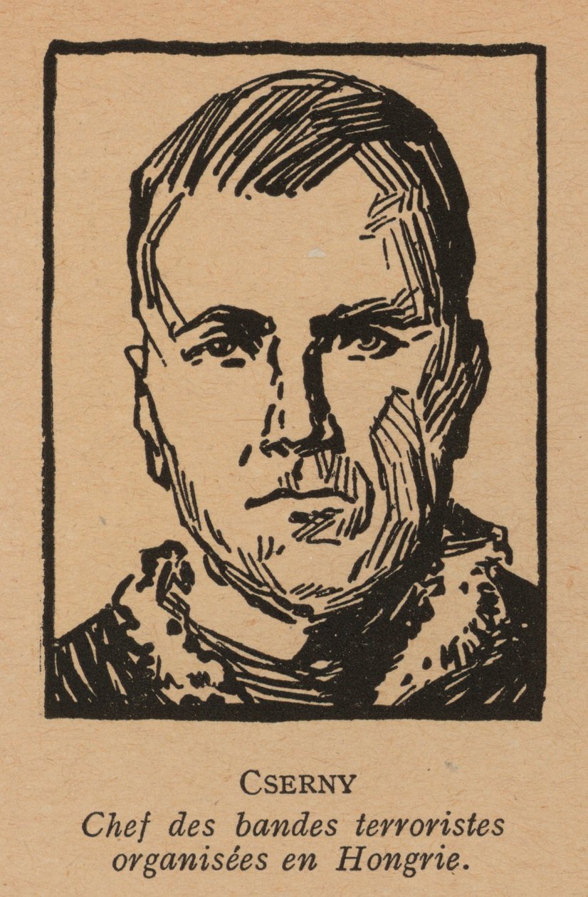 Jozsef Cserny, revolucionário comunista húngaro e líder dos Lenin Boys, que impuseram o Terror Vermelho durante a República Soviética Húngara em 1919 (litografia) de French School