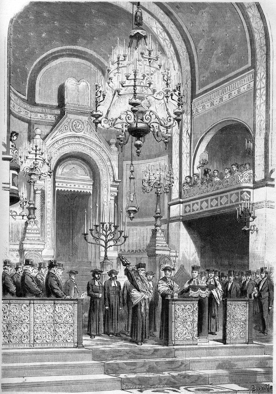 Judaísmo : Recepção solene do rabino chefe de Paris, Zadoc Kahn (1839-1905), na sinagoga da rua Notre Dame de Nazareth, no dia 13 de janeiro de 1869. O Rabino Chefe entoa a "Oração pelo Imperador". Gravura em "Le Monde Illustre" n°615 de 23 ja de French School