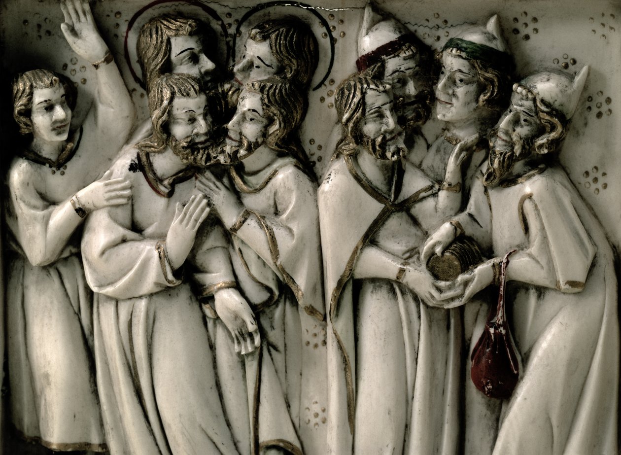 Judas recebendo trinta moedas de prata, detalhe de díptico de marfim, francês de French School