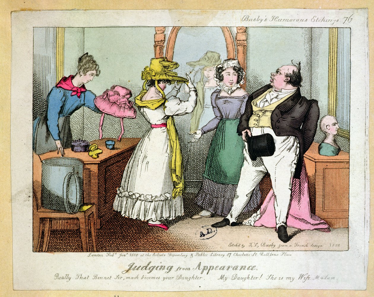 A julgar pela aparência, número 76 de Busbys Humourous Etchings, gravado por Thomas Busby (fl.1804-21) 1828 de French School