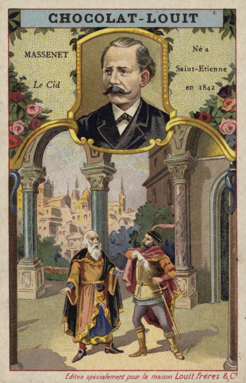 Jules Massenet, compositor francês, e uma cena da sua ópera Le Cid (cromolitografia) de French School