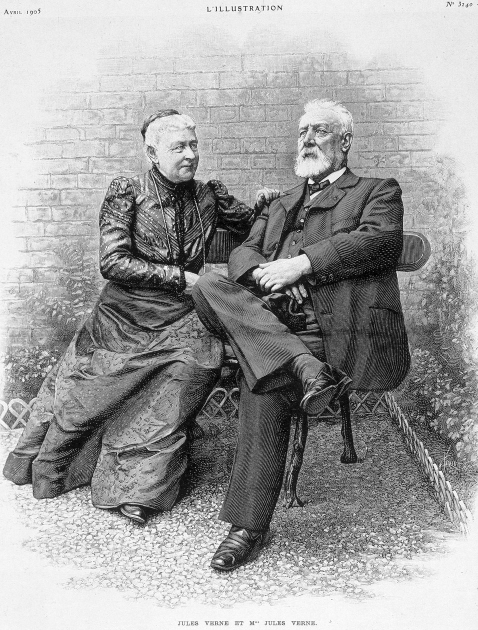 Jules Verne e sua esposa - gravura de French School