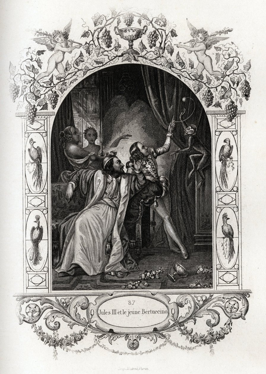 Julius III (Julius ou Iulius ou Giulio) (papa de 1550 a 1555) e o jovem Bertuccino, o show de macacos. Gravura para ilustrar a Histoire des popes de Maurice Lachatre (1814-1900), librairie du progres, Paris. de French School