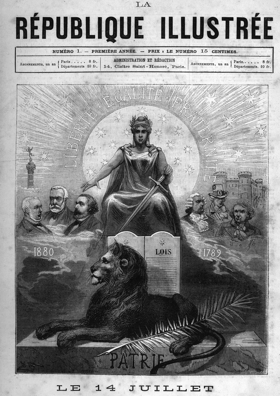 14 de Julho: Allegorie de la Republique Francaise. Uma mulher coroada com louros e segurando uma espada. A seus pés, um leão, uma palma e a mesa das leis. Acima dele, o lema da República "Liberdade, Igualdade, Fraternidade". Sobre as probabilidades, intele de French School