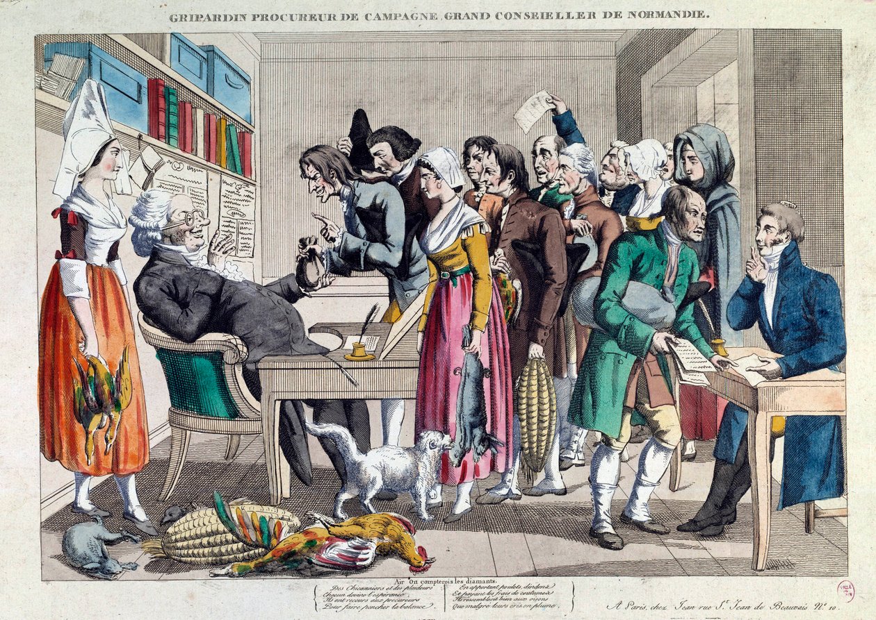 Justiça: "Gripardin, advogado de campanha, grande conselheiro da Normandia" Litografia do século XVIII. Paris, Musee Carnavalet de French School