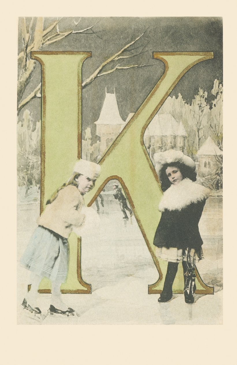 K: Duas meninas, deslizando e patinando no gelo no inverno de French School