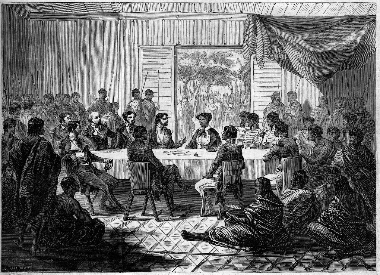 Kabar (reunião) de oficiais franceses e chefes malgaxes representando a Rainha Ranavalo Manjaka I (Ranavalona). Madagáscar de French School