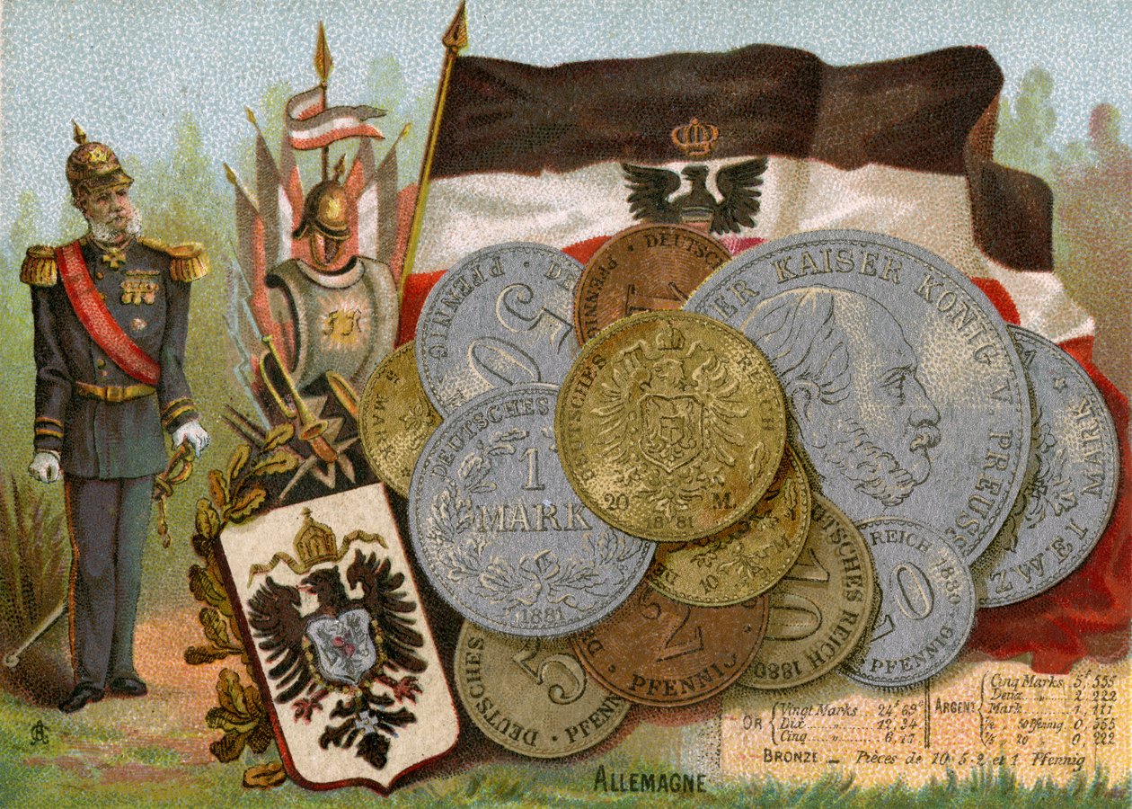 Kaiser Wilhelm I ao lado da bandeira do Reino da Prússia e uma exposição de marcos alemães, c.1890 de French School