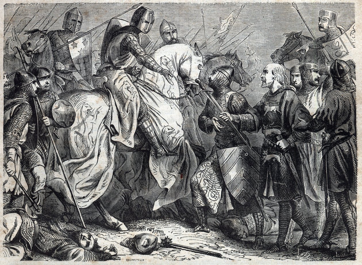 O rei Afonso V, o Magnânimo (v. 1396-1458), rei de Aragão, consuma o reino de Nápoles. Gravação em "História dos Papas (...) Crimes da Rainha Rei e Imperadores através dos séculos" por Maurice Lachatre de French School
