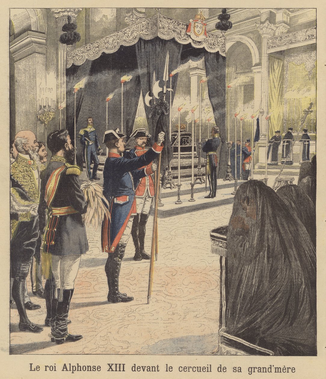 O rei Afonso XIII de Espanha diante do caixão da sua avó, a rainha Isabel II (litografia a cores) de French School