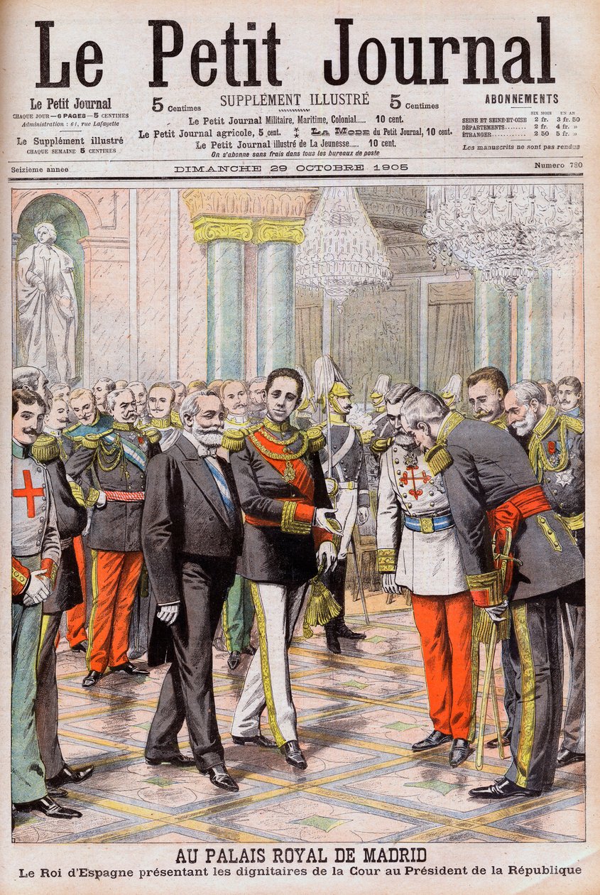 O Rei Alfonso XIII de Espanha apresenta a sua corte ao Presidente Emile Loubet de França no Palácio Real, em Madrid. No Palácio Real de Madrid. O Rei de Espanha Alfonso XIII apresenta os dignitários da Corte ao Presidente da República Loubet de French School