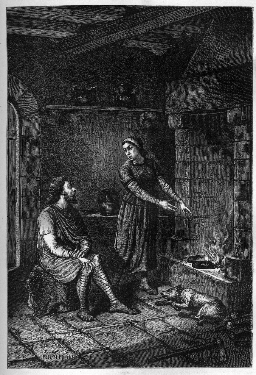 “ O rei Alfredo o Grande (849-899) esquece os bolos preparados pela casa dinamarquesa debaixo do seu telhado em Athelney, e queima-os, 878 (gravura) de French School