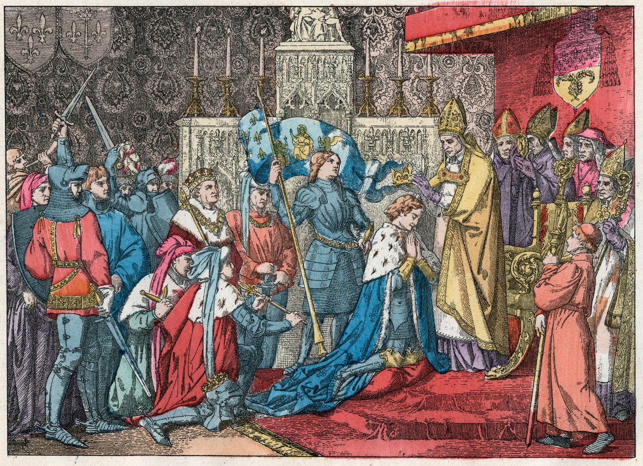 Rei Carlos VII (1403-1461) recebe a coroa na Catedral de Reims em 17/07/1429 na presença de Joana d