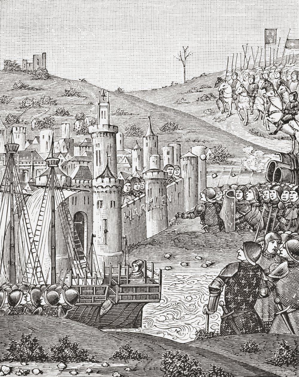 O rei Carlos VII, ao deixar Rouen, parte para sitiar a cidade de Harfleur, após uma miniatura do manuscrito do século XV Chroniques de Monstrelet, de Science and Literature in The Middle Ages, de Paul Lacroix pub. Londres, 1878 de French School