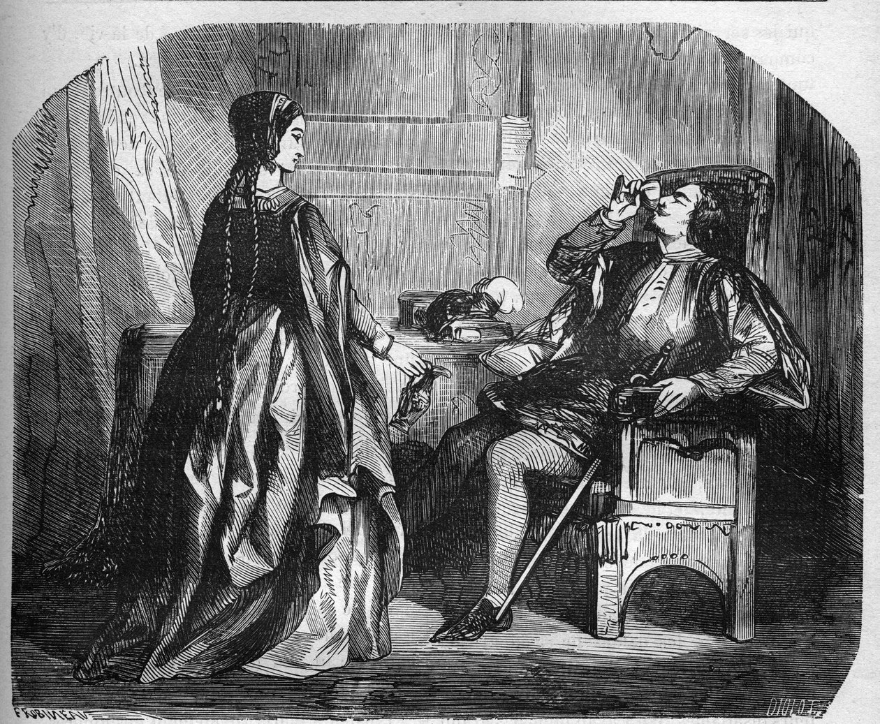 Rei Carlos VI da França, conhecido como Carlos o Bom Aime, depois Carlos o Fol (1368-1422) com sua amante Odinette (Odette) de Champdivers. Gravação em "A história da prostituição e do deboche entre todos os povos do mundo desde a antiguidade até a de French School