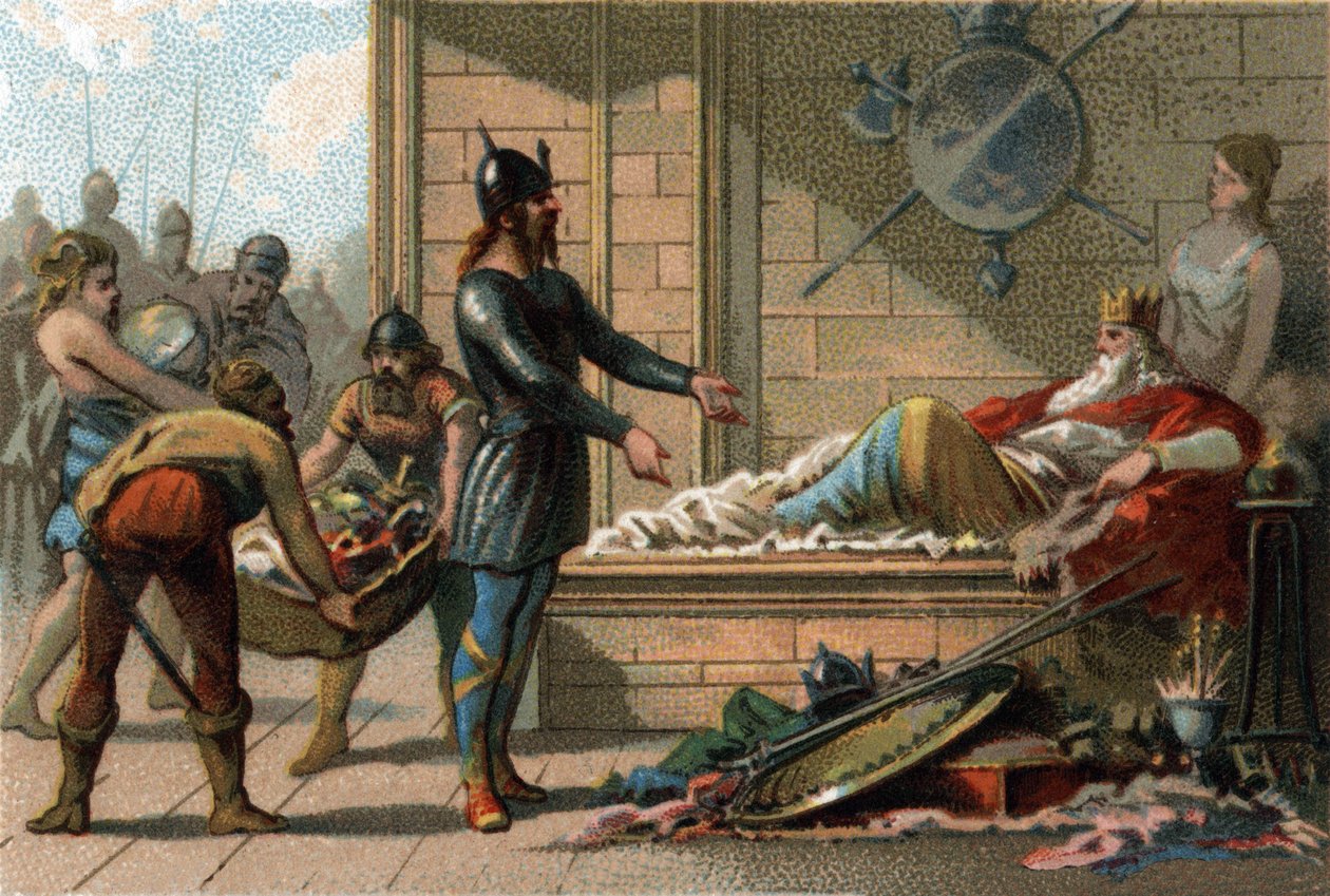 Rei Clóvis III chamado Le Feneant, rei da França de 691 a 695. Cromolitografia por volta de 1890. de French School
