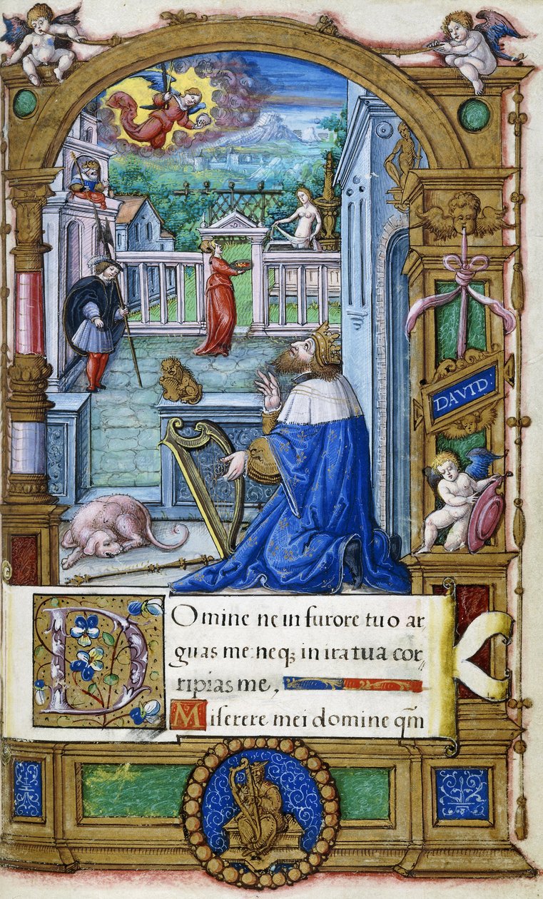 Rei Davi com uma Harpa, de um Livro de Horas feito para Francisco I, c.1532-1540 de French School