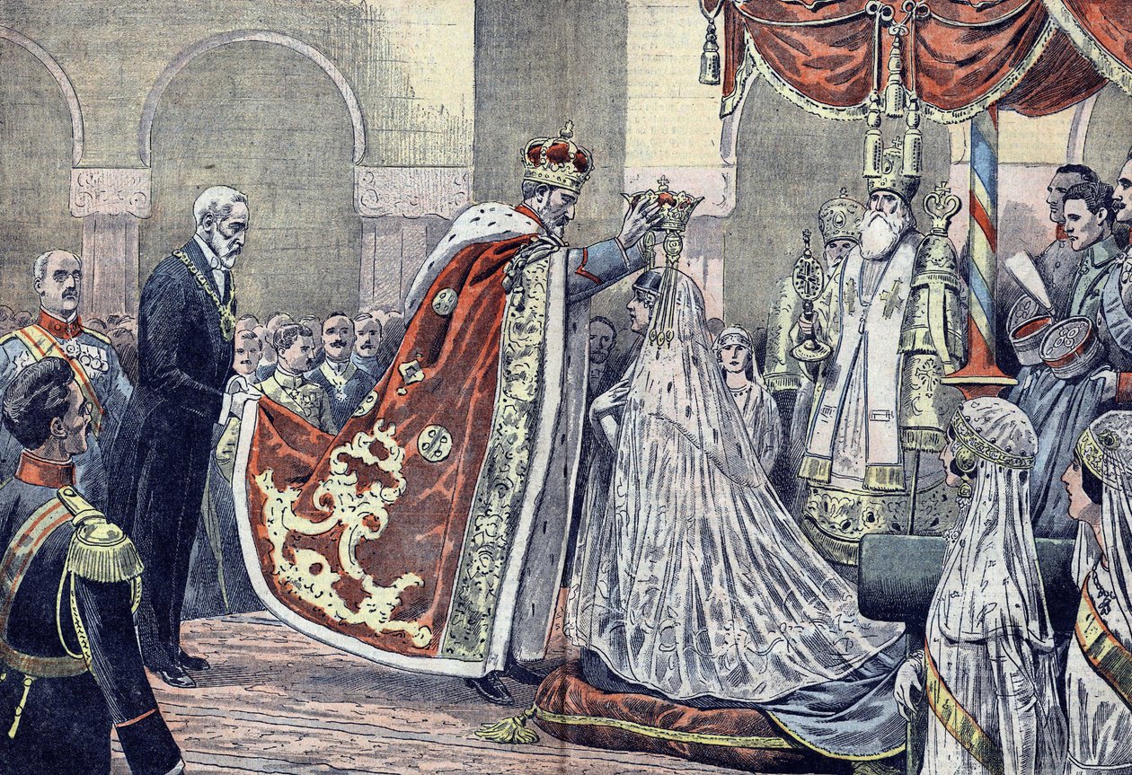 O rei Fernando I da Roménia coroa a sua rainha de French School