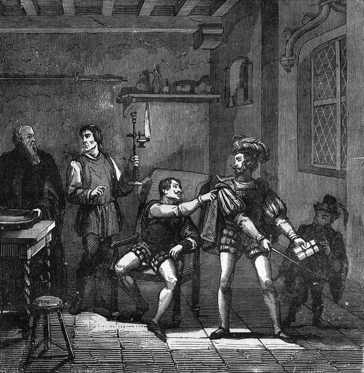 O Rei Francisco I (1494-1547) e Charles Brandon, Duque de Suffolk, comissionado para casar com Mary Tudor (Mary of England) criada com os debochados na Corte. gravada em "História da prostituição e do deboche entre todos os povos do mundo a partir da antiq de French School