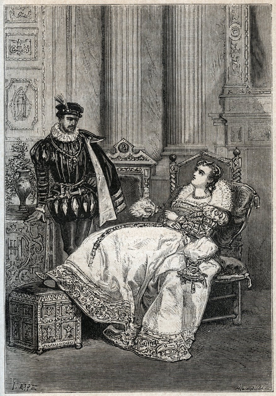 Rei Henrique II (1519-1559) e Diane de Poitiers (1499-1566) - Henrique II da França e Diane de Poitiers - gravura de "Histoire de France" de Jules Michelet - 1876-1877 - de French School
