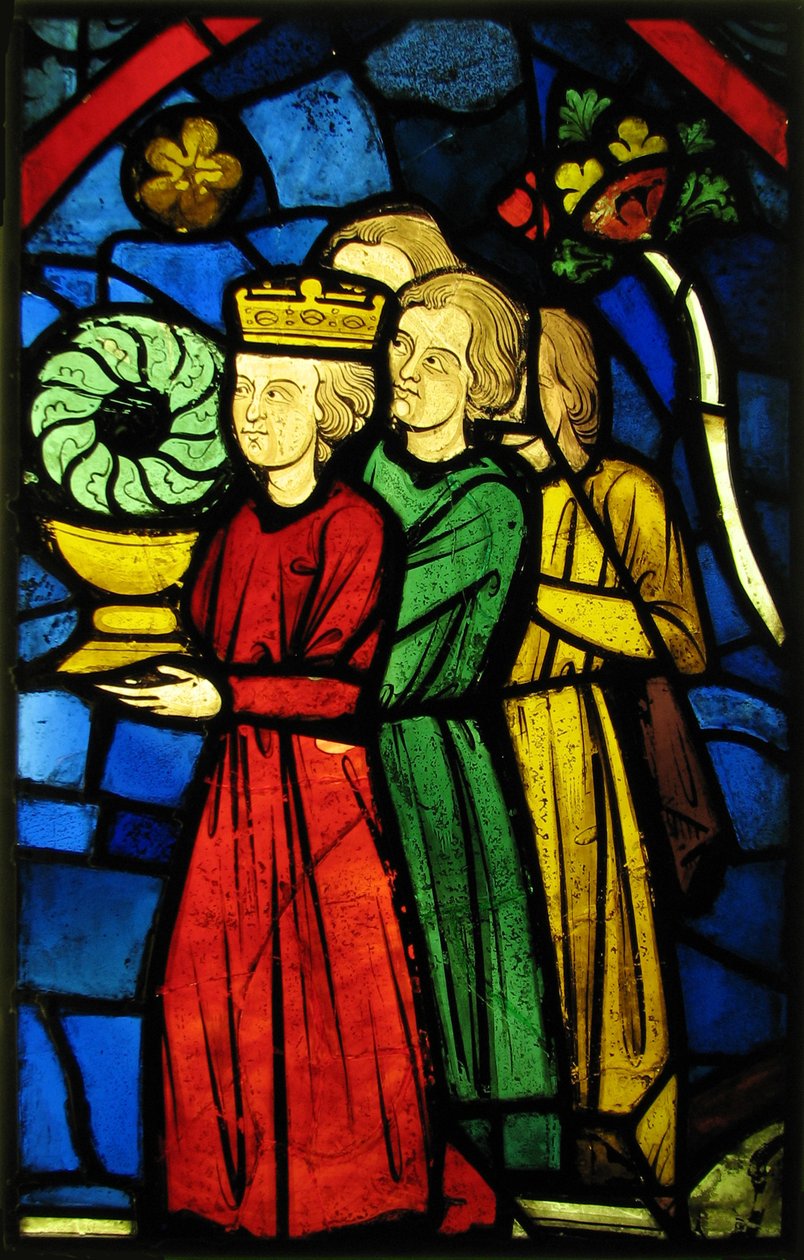 Rei Luís IX Carregando a Coroa de Espinhos, c.1245-48 (vidro metálico e tinta vítrea) de French School