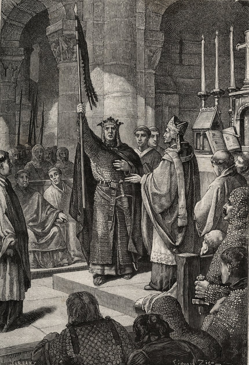 O rei Luís VII (1120-1180) toma a chama oriunda da Basílica de Saint Denis (Saint Denis) na presença da rainha Alienor da Aquitânia e recebe das mãos do Papa Eugénio III (? -1153) o abelhão e o pannetière da pelerina, antes da sua partida de French School