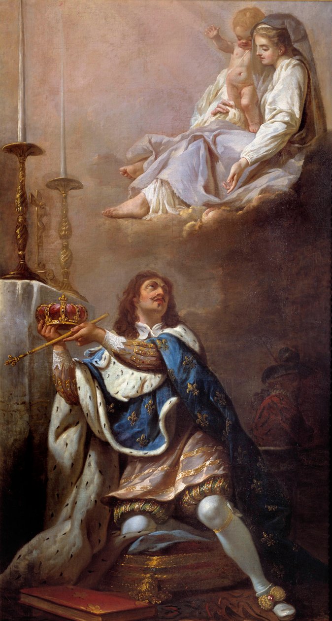 O Rei Luís XIII oferecendo a sua coroa à Virgem Pintura da Escola Francesa. Versalhes do século XVII. Igreja de Nossa Senhora de Versalhes de French School