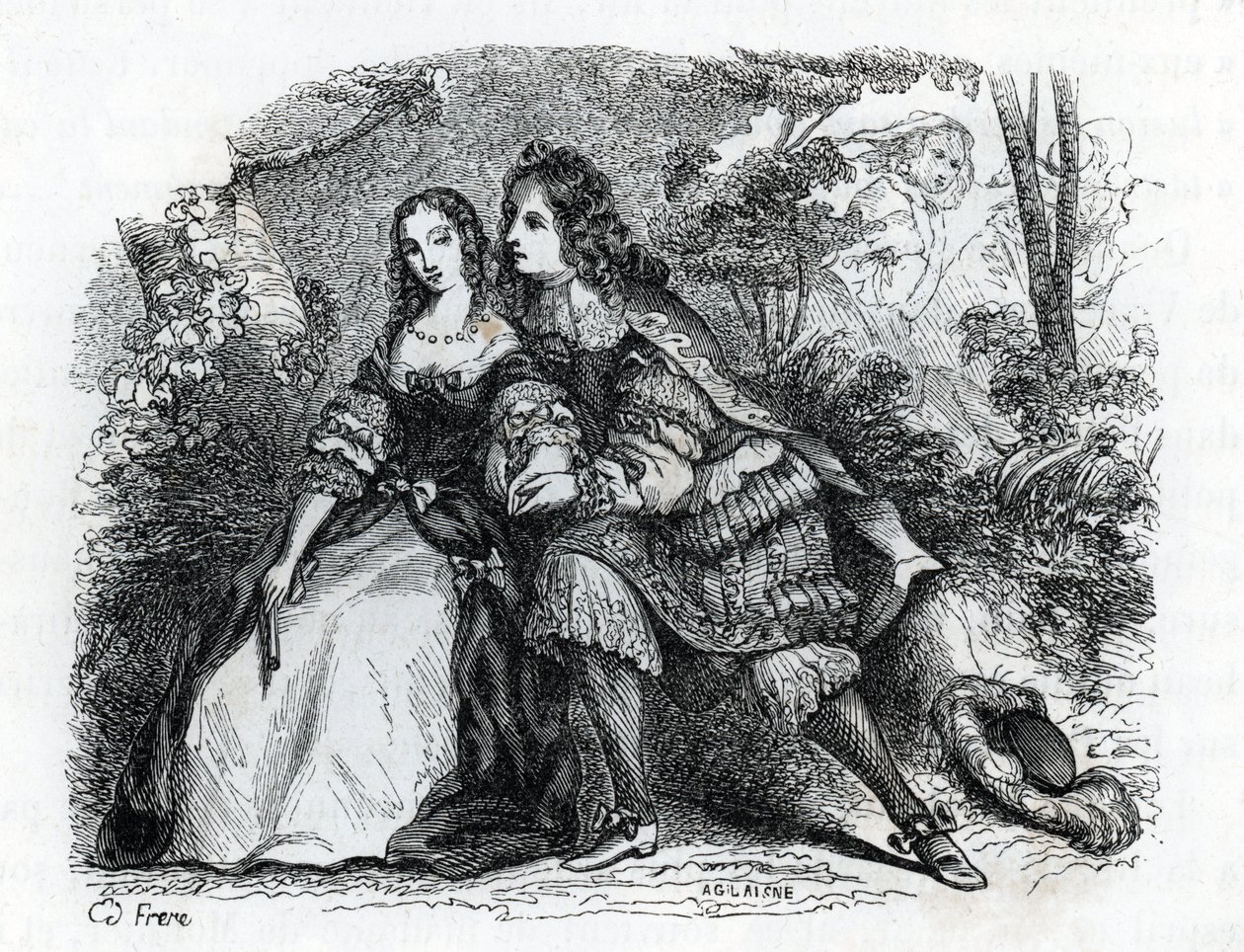 Rei Luís XIV (1638-1715) e sua amante Louise de La Valliere (1644-1710) - (gravura) 1846 de French School