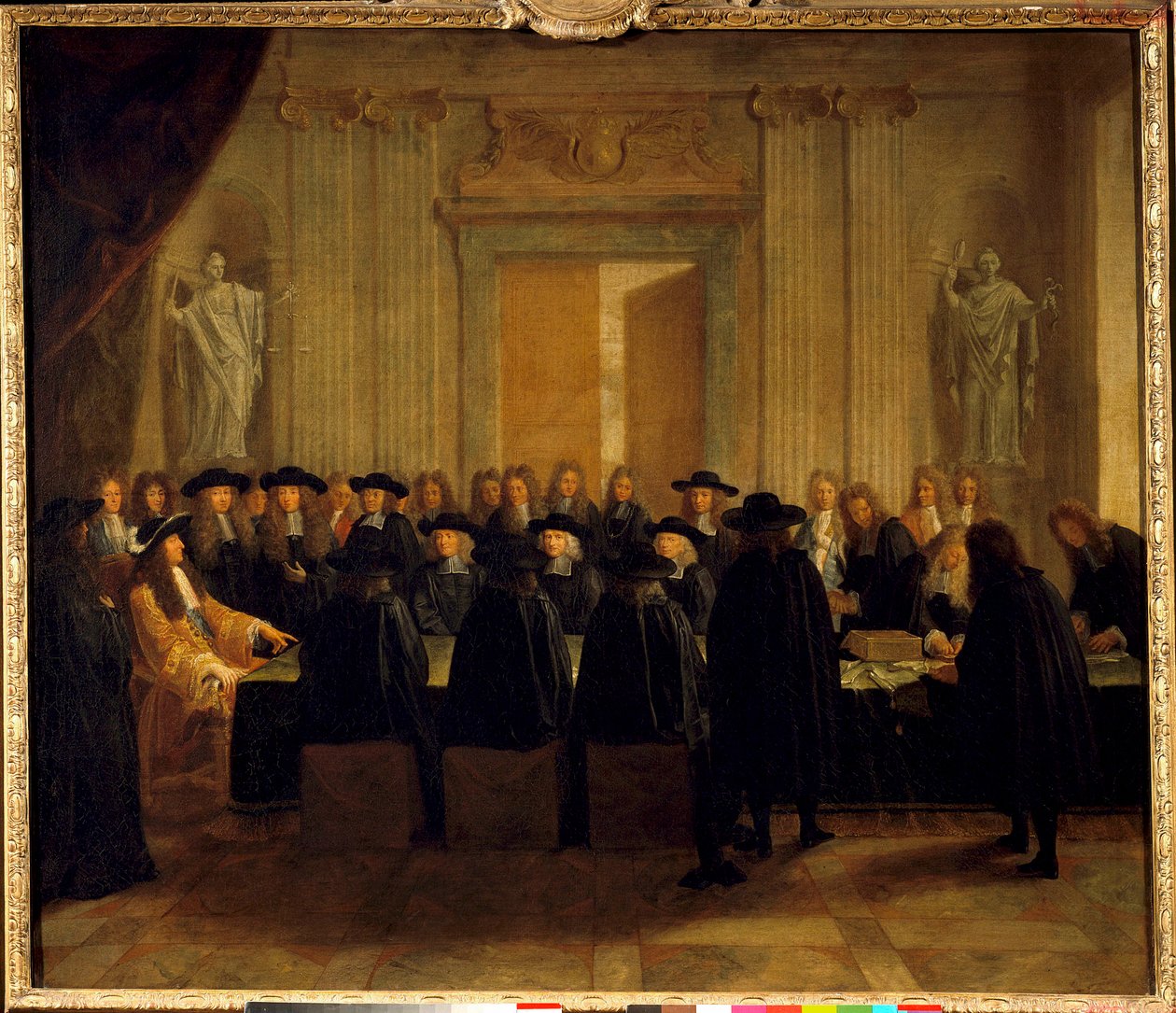 O Rei Luís XIV (1638-1715), com os selos na presença dos Conselheiros de Estado e do Mestre dos Pedidos, enquanto ele próprio exercia o cargo de Chanceler da França entre fevereiro e abril de 1672 Pintura anônima. Sol do século XVII. 1,10 x 1,28 m de French School