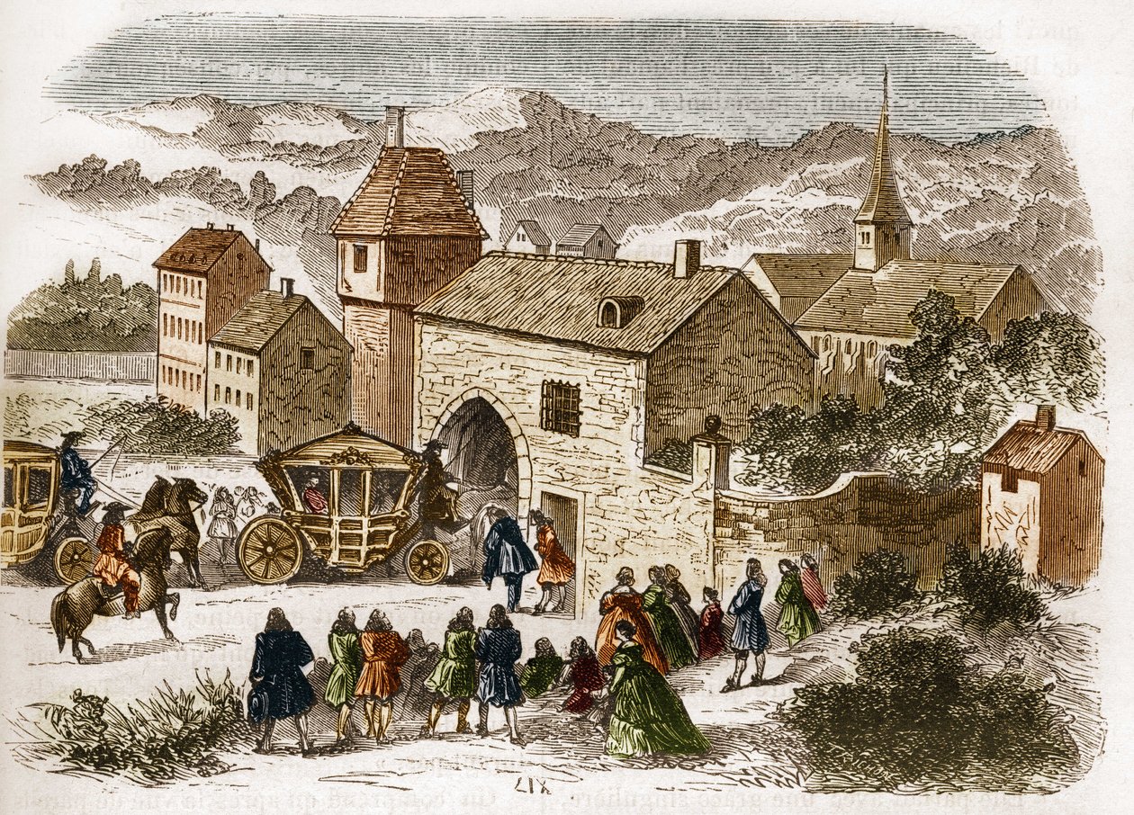 O Rei Luís XIV (1638-1715) visitando Melle de Fontanges (1661-1681) em Port Royal por volta de 1680. Gravação em "A história da prostituição e do deboche entre todos os povos do mundo desde a antiguidade até os dias de hoje" pelo Dr. Th. -F. Debray. 1879. de French School