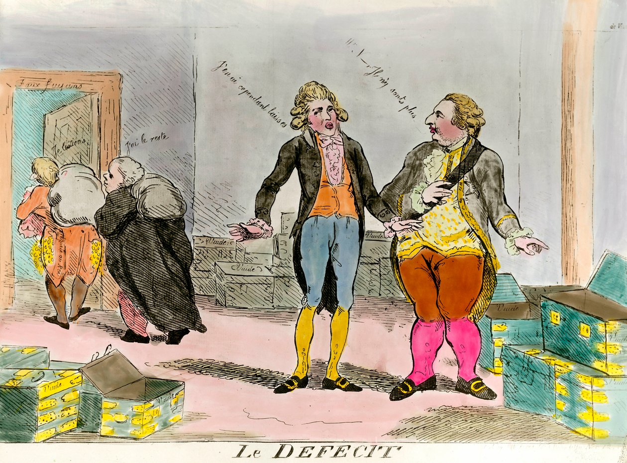 O Rei Luís XVI e o défice financeiro "já não estão lá - eu deixei alguns". Gravura do século XVIII. Coleção privada. de French School