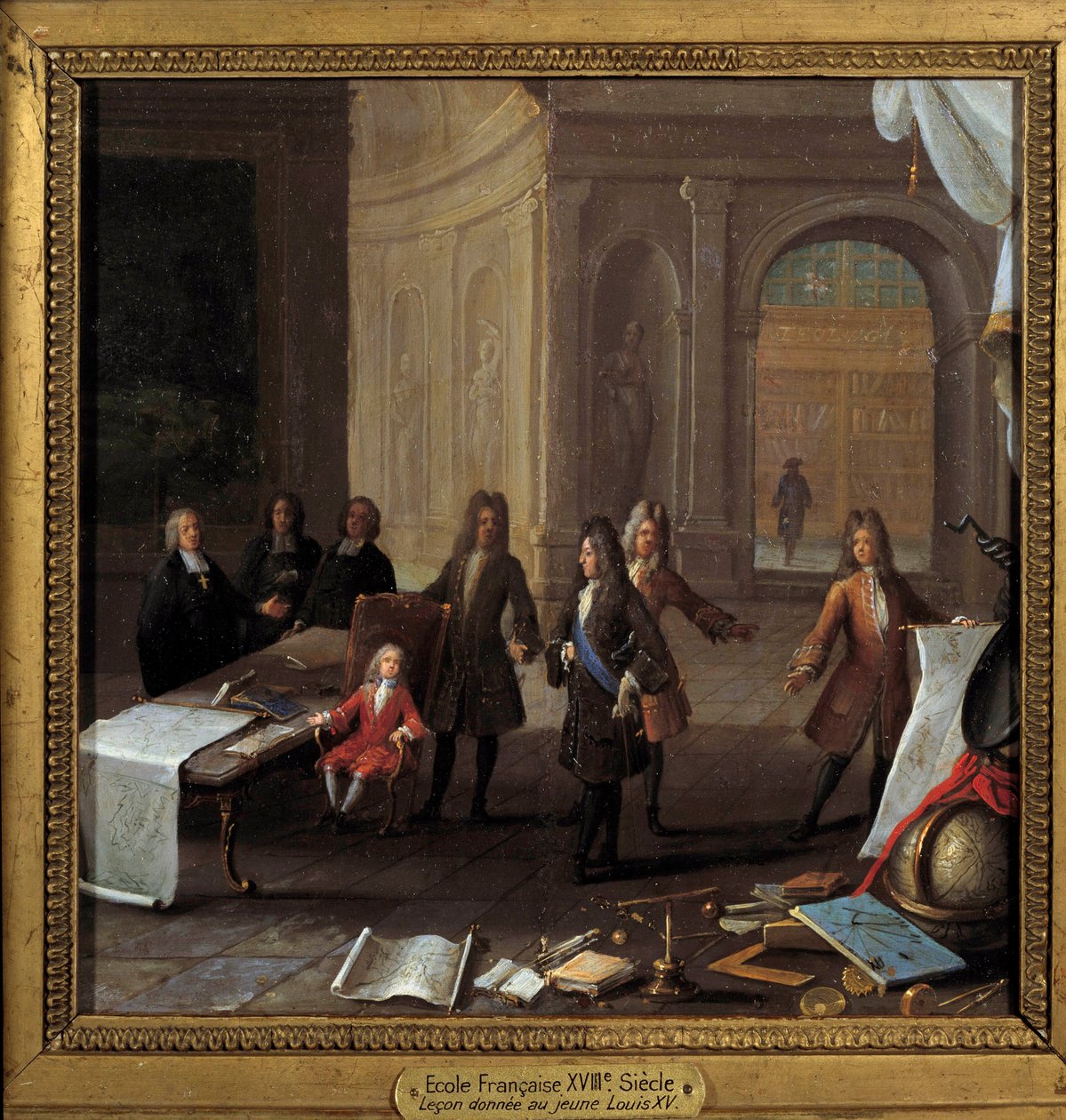 Rei Luís XV (1710-1774) criança recebendo um leão na presença do Cardeal Fleury e do Regente Filipe II Duque de Orleães (1674-1723) Pintura anónima do século XVIII, óleo sobre cobre Dim. 0,23 x 0,23 m Paris, Musee Carnavalet - Cena do ensino do chi de French School