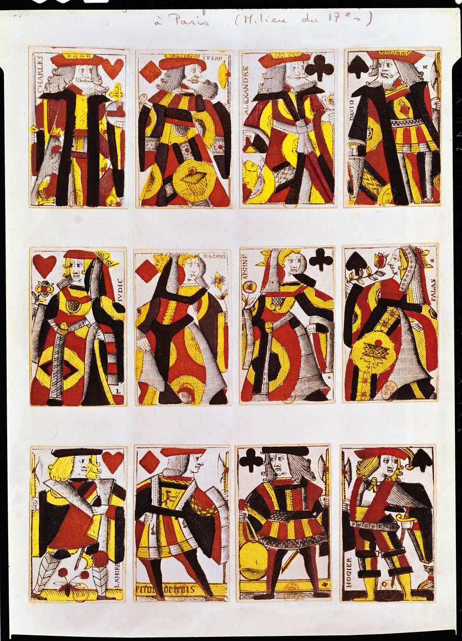 Rei, rainha e Jack jogando cartas (gravura em madeira colorida) de French School