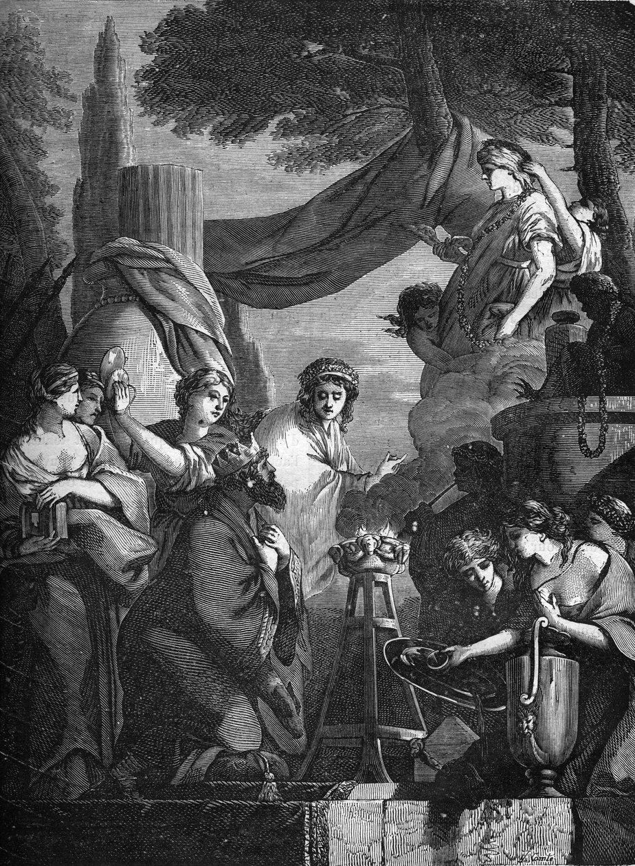 Rei Salomão (século X a.C.) rodeado pelas suas concubinas. Gravação em "A história da prostituição e do deboche entre todos os povos do mundo desde a antiguidade até os dias de hoje" pelo Dr. Th. -F. Debraque. 1879. de French School