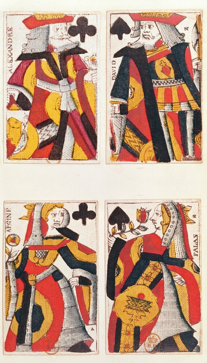 Rei e rainha jogando cartas (gravura em madeira colorida) de French School