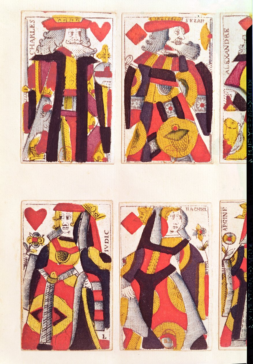 Rei e rainha jogando cartas (gravura em madeira colorida) de French School