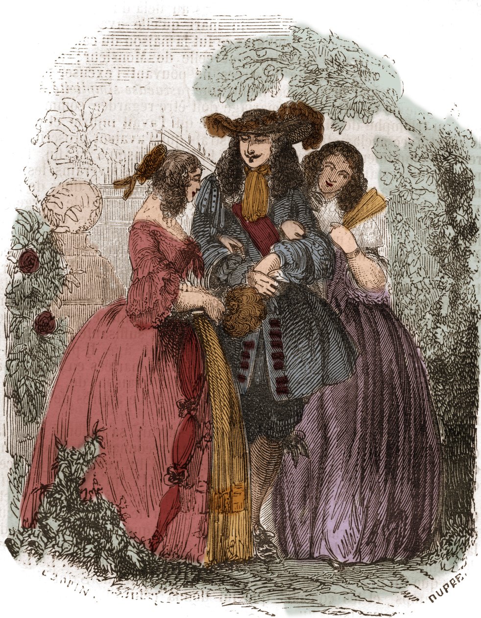 Rei da França Luís XIV (1638-1715) com Hortense Mancini (1646-1699) e sua irmã Marie Mancini (1639-1715). Peças de Mazarin. Gravura do século XIX. de French School
