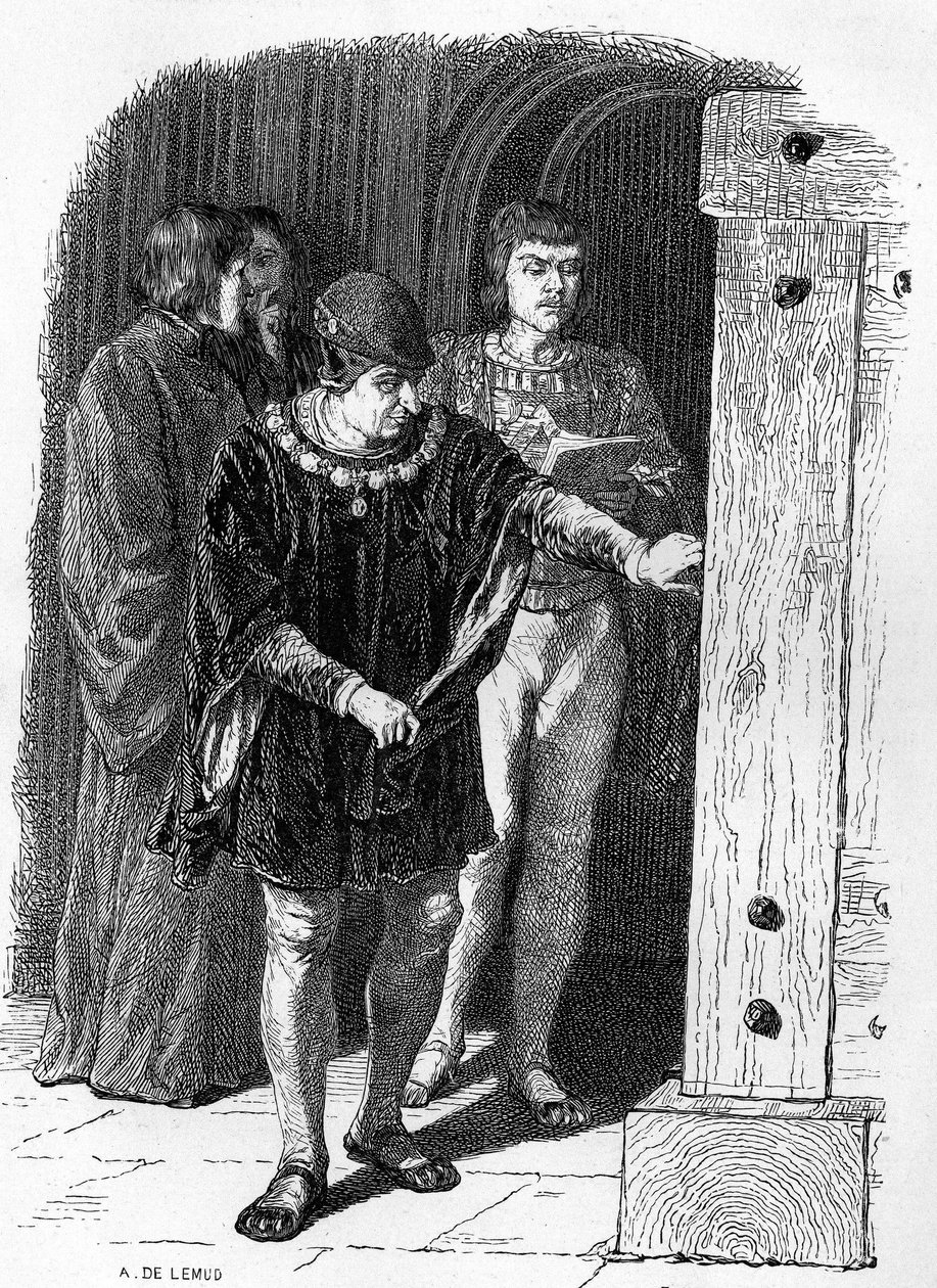 Rei de França Luís XI visitando as jaulas da bastilha. Gravura em "Notre Dame de Paris" de Victor Hugo de French School