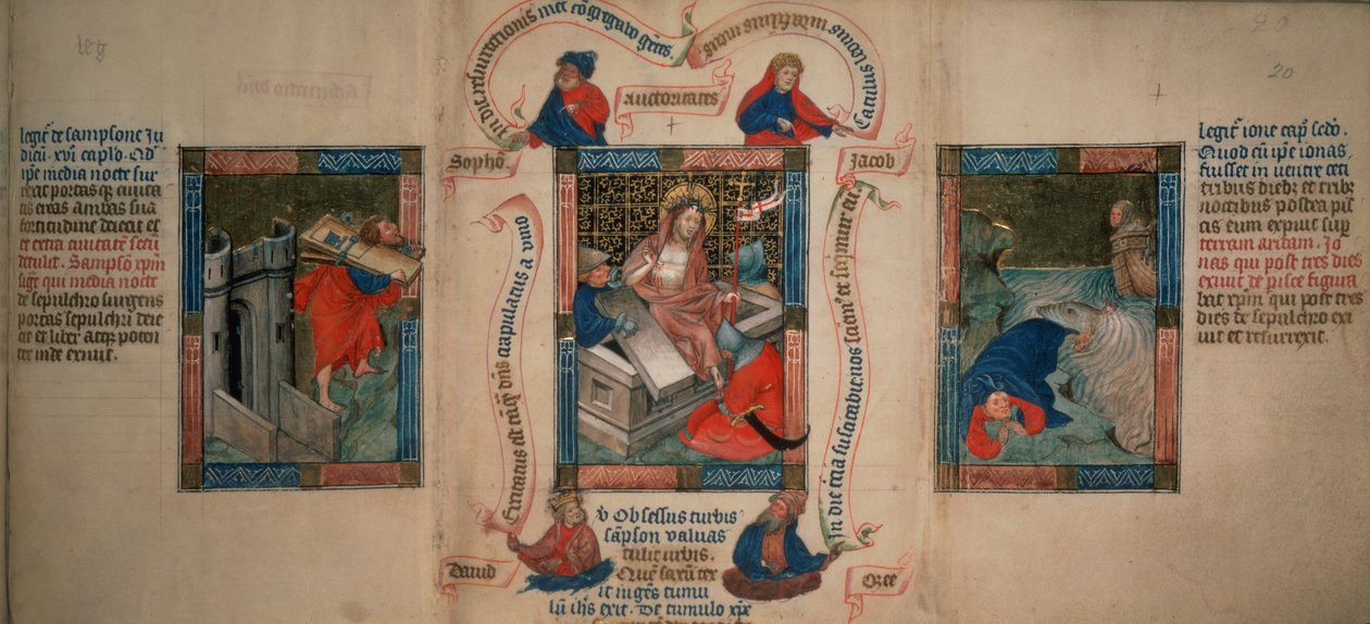 Reis 5 f.20 A Ressurreição, Sansão derrubando os portões de Gaza, Jonas escapando da baleia, da Biblia Pauperum, início do século XV (velino) de French School