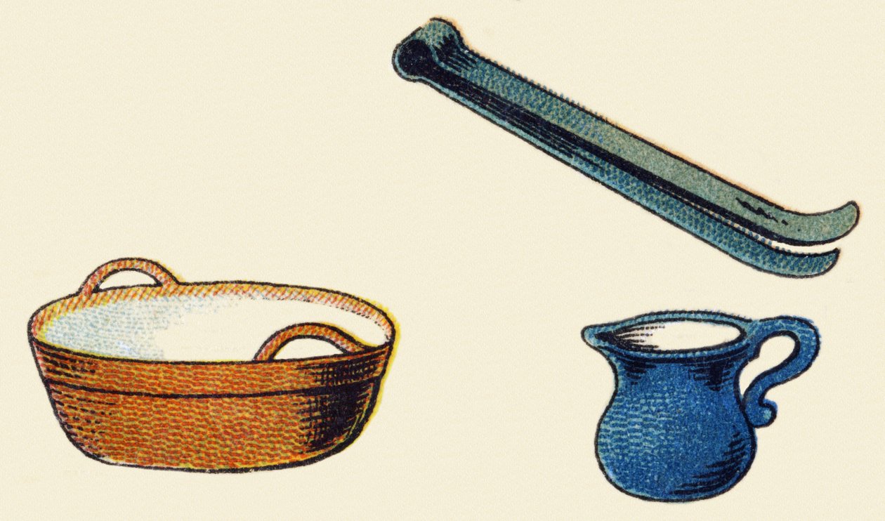 Utensílios de cozinha. Gravura em "ABC indechirable sobre tela envernizada". A. Capendu, editor, Paris, final do século XIX. Livraria para crianças ilustrada. 8 páginas. Dim: 21,5x18cm . de French School