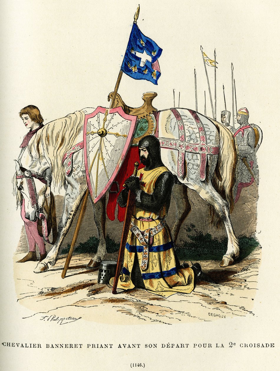 Cavaleiro banneret (título nobiliárquico que dá direito a usar um estandarte) rezando antes da sua partida para a segunda cruzada (1147-1149). Gravura a cores, em "France et les francais a travers les siecles" de Augustin Challamel, editor F.Roy, Paris 188 de French School