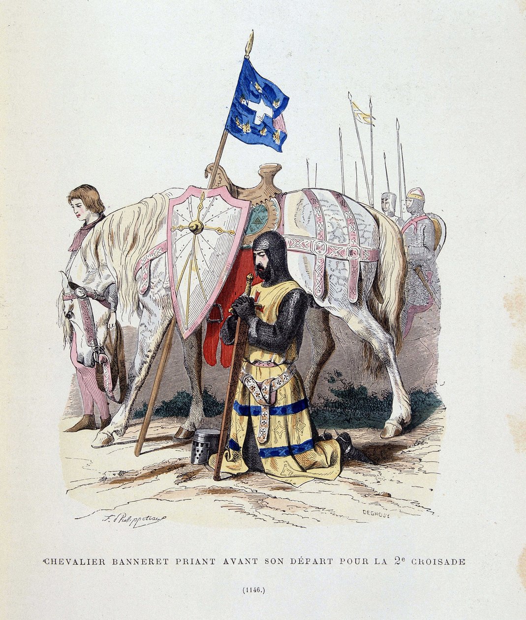Banneret de cavaleiro orando antes de sua partida para a 2ª cruzada - gravura de French School