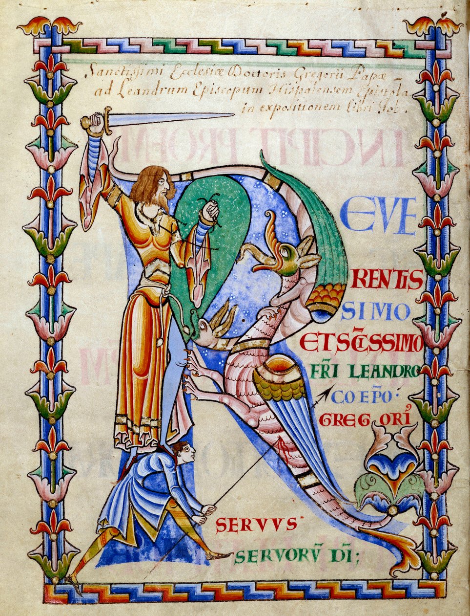 Cavaleiro lutando contra o dragão - lettrine R (inicial), Miniatura do manuscrito "Moralia in Job", Morales sur Job de Saint Gregoire, da abadia de citeau de French School