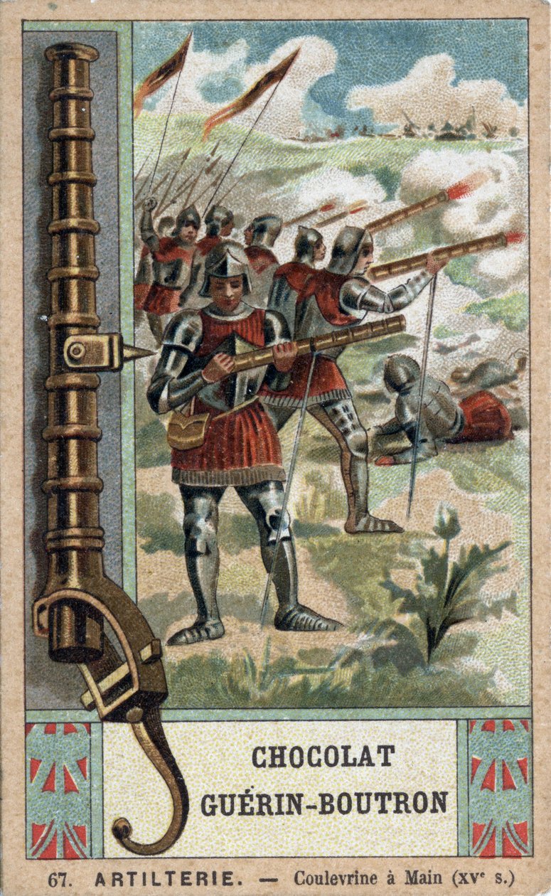 Cavaleiro manobrando uma coulevrine de mão do século XV. Cromolitografia do século XIX dos chocolates Guérin-Boutron. de French School