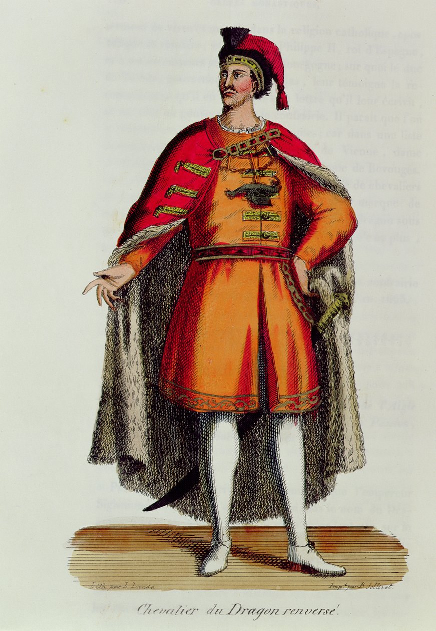 Cavaleiro da Ordem Húngara do Dragão Derrubado, ilustração da História e Trajes das Ordens Monásticas de Pierre Helyot (1660-1716), 1842 de French School