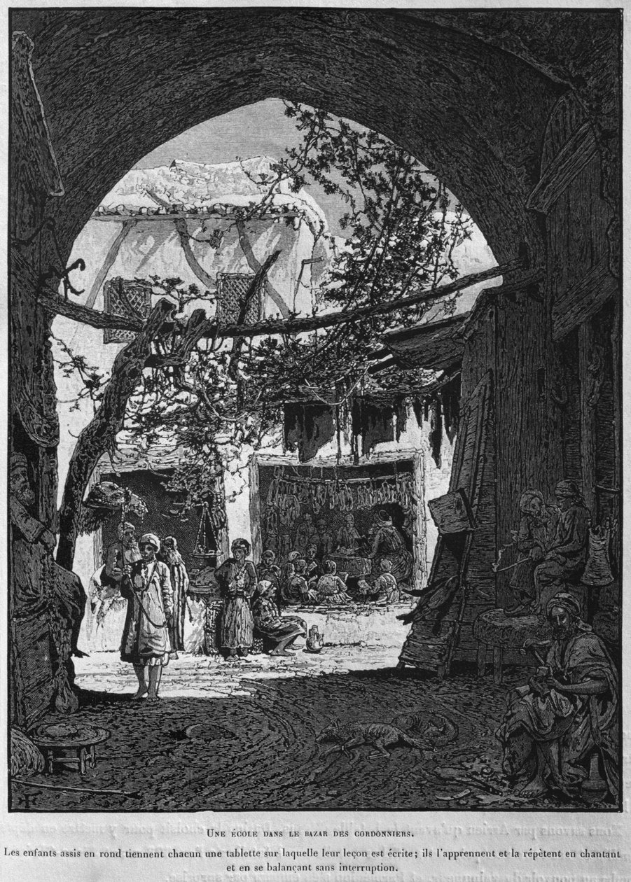 Escola corânica no baazar dos sapateiros, de La Terre Sainte de Victor Guerin, 1884 (gravura do bw) de French School