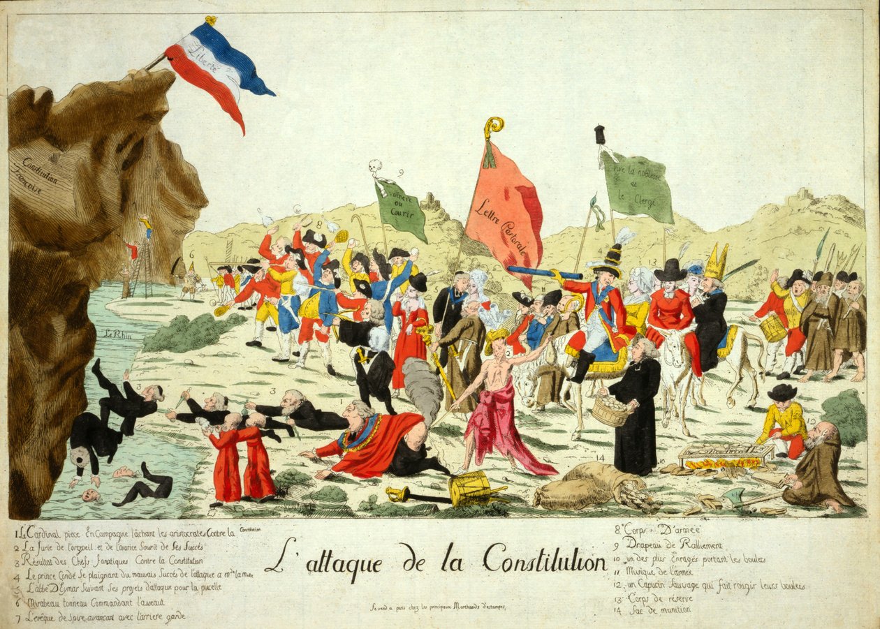 O Ataque à Constituição, pub. 1792 (gravura colorida à mão) de French School