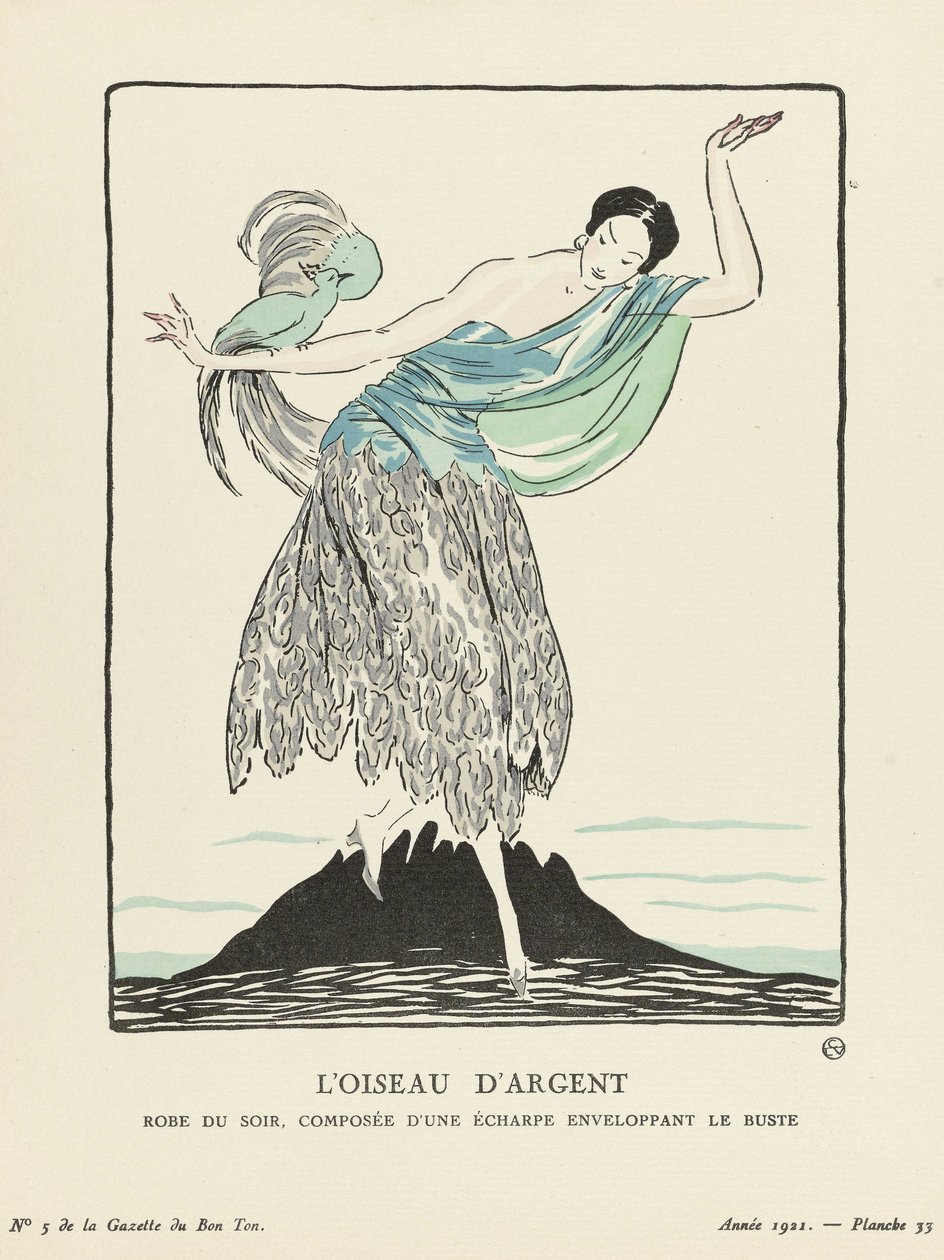 O Pássaro Prateado. Vestido de noite, composto por um lenço que envolve o busto da La Gazette du Bon Ton, pub. 1914 (impressão em estêncil) de French School