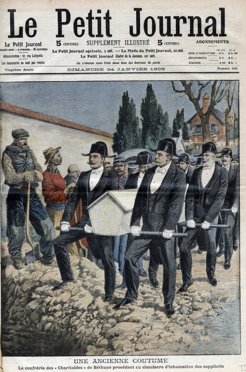 La Confrerie des Charitables de Saint Eloi (Saint-Eloi) de Bethune procedendo ao simulacro de enterro de súbditos após a execução da banda em Pollet, guilhotinas em 11 de janeiro - "Le Petite Journal" de 24 de janeiro de French School