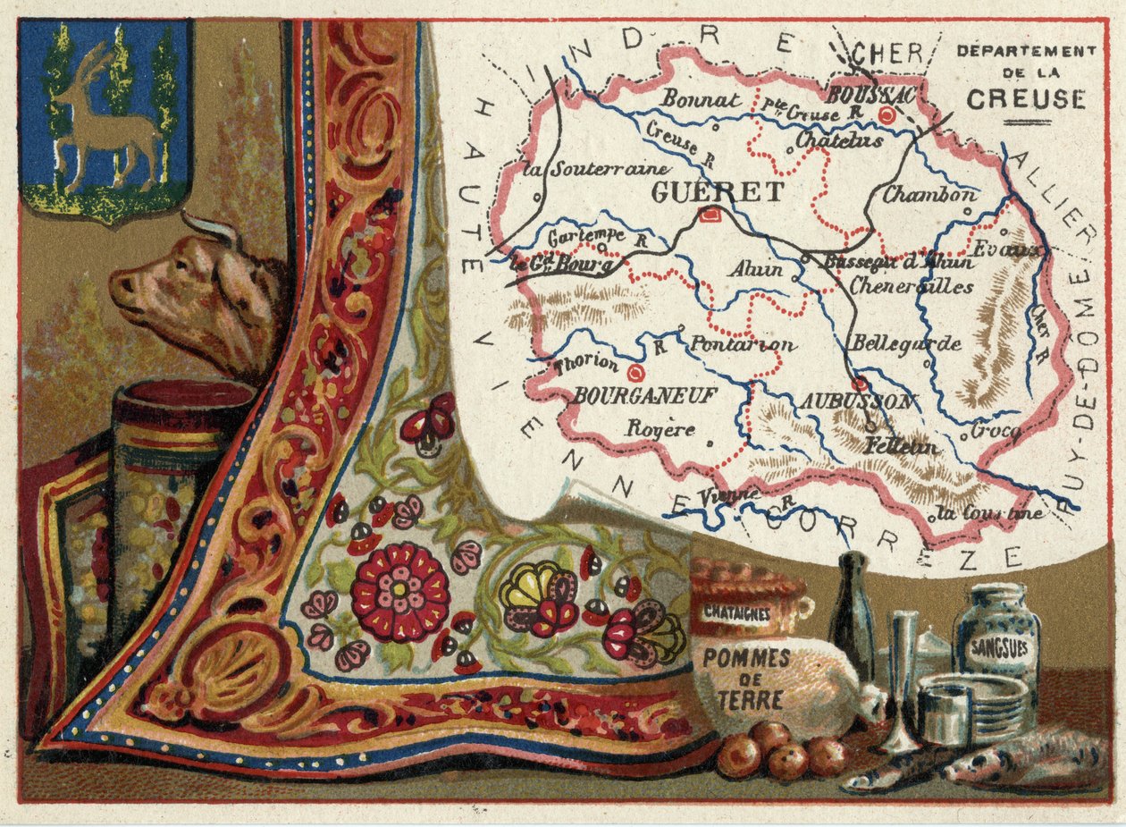 La Creuse (23), Le Limousin, França. Castanhas, batatas e sanguessugas. Série sobre os Departamentos franceses. Chromolitografia (Chromo) "o fio geográfico", cerca de 1920. Colecção privada. de French School